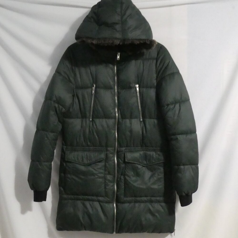 GARAGE | medium | Dark Green Puffer Coat - Parka | Faux Fur Lined Hood | NWOT